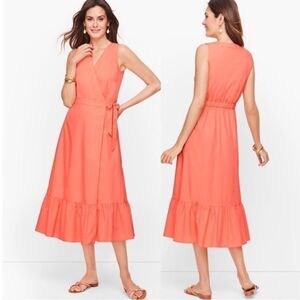 Talbots Peach Poplin Wrap Ruffle Midi Dress